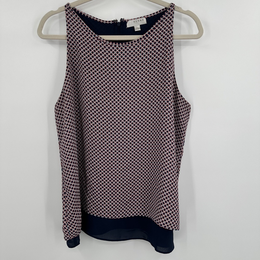 Kenar Blouse Womens Large Navy‎ Red Geometric Print Sleeveless Top Polyester